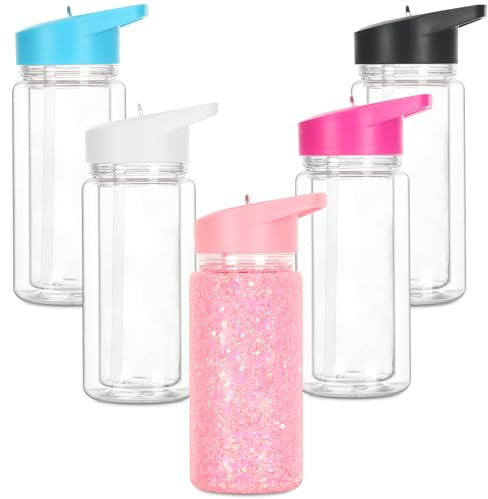 Cosictic 10 Oz Reusable Acrylic Snow Globe Tumbler with Handle, with Pre-drilled Hole and Plug, Glitter Plastic Snow Globe Cup for DIY Gift（5 Pack）