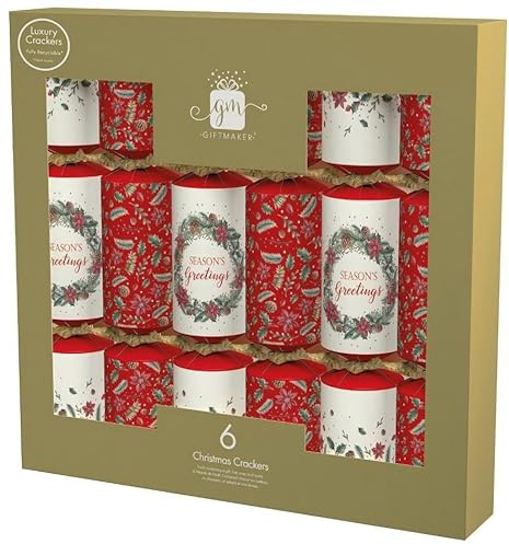 Luxury Christmas Crackers, Red and White Wreath Design, Pack of 6 with Premium Gifts, Indoor Fireworks, 14-inch Festive Table Decorations