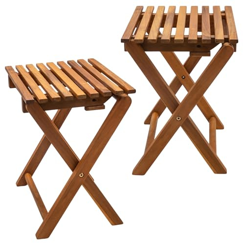 Spetebo Lot de 2 tabourets pliants en acacia naturel huilé 37 x 29 cm – Tabouret à fleurs en bois pliable au look teck – Tabouret de jardin, balcon, table d'appoint, table décorative pliable