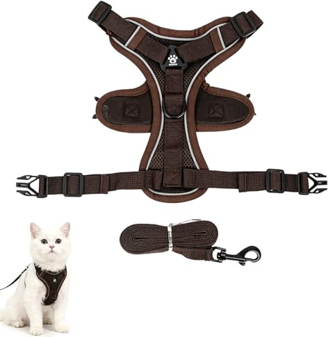 Harnais pour chat avec laisse 150 cm, anti-fuite, réglable, maille respirante avec bandes réfléchissantes, pour chats et petits chiens, brun