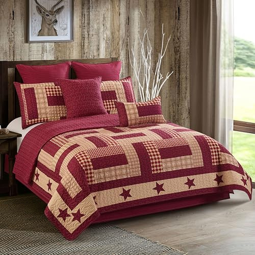 Virah Bella Homestead Red 3-Piece Full/Queen Quilt Bedding Set - Rustic Country Plaid Reversible Coverlet with 2 Matching Standard Pillow Shams - Soft All-Season Microfiber Cabin Bedspread, 90 x 90