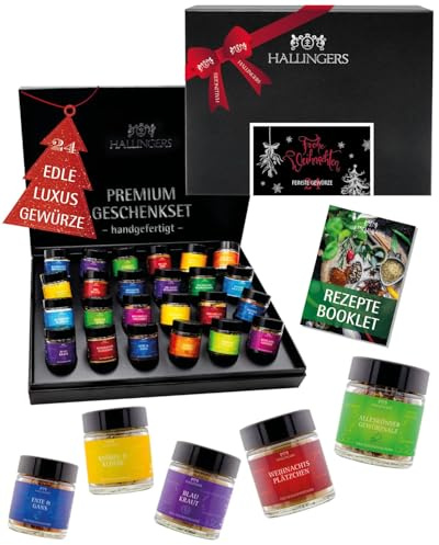 Hallingers Genuss Manufaktur Gewürze Geschenkset Weihnachten – 24 Premium Gewürze aus aller Welt im Glas, edle Geschenkbox, Gewürz-Set Frohe Weihnachten, Weihnachts Geschenkidee für Männer & Frauen