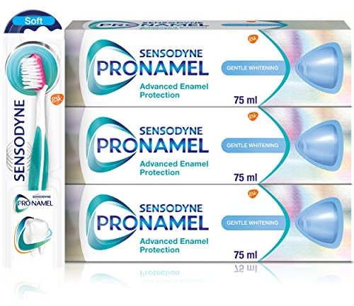 Sensodyne Pronamel Regime Kit | 3x Sensodyne Pronamel Gentle Whitening Cool Mint Toothpaste 75 ml and 1x Pronamel Toothbrush | Daily Oral And Enamel Care Regimen