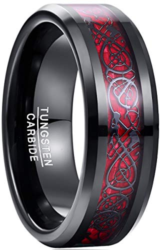 NUNCAD Anello Uomo/Donna/Unisex con Motivo di Drago in Tungsteno Memoria/Compleanno Rosso/Blu/Verde + Nero 8mm Taglia (27.5)