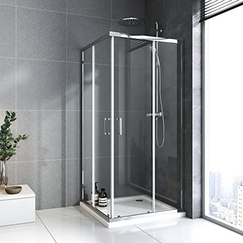 Duschkabine 80x80x185cm, ESG-Glas Duschabtrennung komplett, Eck-Dusche mit Doppel Schiebetür Silberfarben flexible Montage Duschkabine Schiebetür
