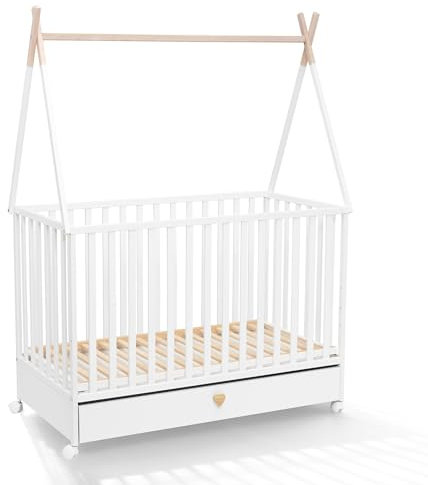 ATB Weiss Babybett mit Schubladen 60x120 - Baby Bett - Kinderbett 60x120 ab 3 Jahr - Beistellbett Baby - Kinder Bett - Maserholz Kinderbetten