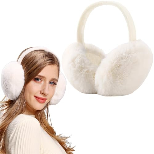 FSMILING White Ear Muffs Women Adjustable Fluffy Ear Muffs Winter Foldable Cream Women's Earmuffs For Ladies Adults Girls