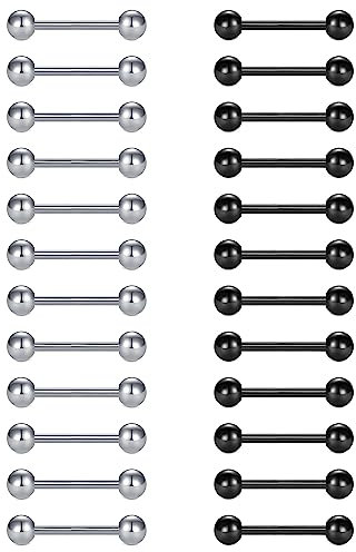 FECTAS 24 Stück Zungen- und Nippel-Piercing Schmuck - 14G 14mm Bars aus Edelstahl in Silber und Schwarz
