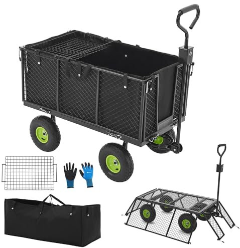 Juskys Chariot de Jardin en métal, capacité de Charge 550 kg - Charrette sur pneus, avec bâche et Gants - Chariot de Transport Pliable et Rabattable - Chariot de Jardinage