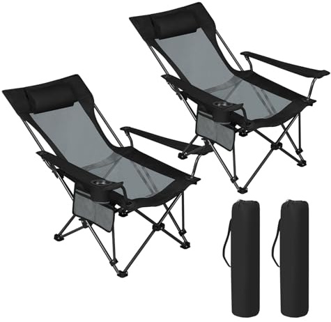 WOLTU Sillas de Camping, Juego de 2 Sillas Plegables de Exterior, Respaldo Ajustable, Carga de 150 kg, Portátil y Ultraligera para Pesca, Jardín, Playa, Negro+Gris