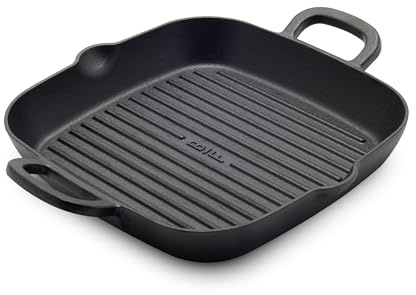 GreenPan x Bobby Flay Cast Iron 11” Square Grill Pan, Pre-Seasoned Professional Grade Heavy Duty Skillet, Helper Handles, Induction Suitable, Stovetop, Oven, BBQ & Fire, Indoor & Outdoor Use, Black