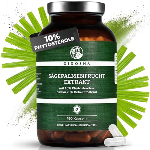 QIDOSHA® Sägepalme Extrakt Kapseln hochdosiert, 10% Phytosterole, davon 70% Beta-Sitosterol, 250mg (NEU) Sägepalmenextrakt je Kapsel, 180 Stk/Glas, vegan, deutsche Fertigung, jede Charge laborgeprüft