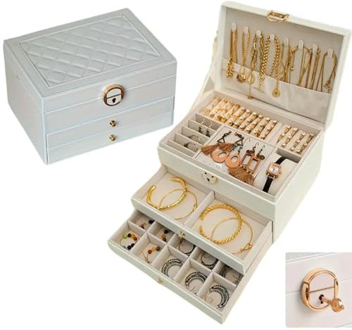 HealthyMoov Coffre à bijoux élégant luxe boîte de rangement organisateur simili cuir à clé (fournie) à 3 compartiments pour ranger colliers chaînes pendentifs boucles d'oreilles bagues Blanc