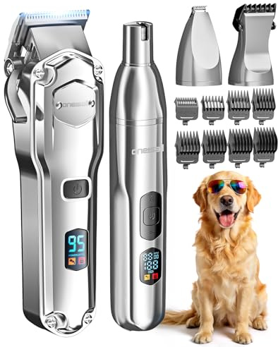 Oneisall 4 en 1 Máquina cortapelo para perros de pelo grueso/denso, silenciosa Máquina cortapelo profesional/recortadora de patas/limadora de uñas para perros pequeños/grandes y gatos, 4h batería