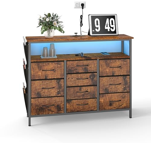 hitsuki Wohnzimmer Kommode Chest of Drawers | Vintage Industriestyle Kommode Sideboard mit Beleuchtung & 10 Schubladen | Multifunktional als Flur Schrank, Wohnzimmer Schrank | Metall&Holz 110x30x85cm