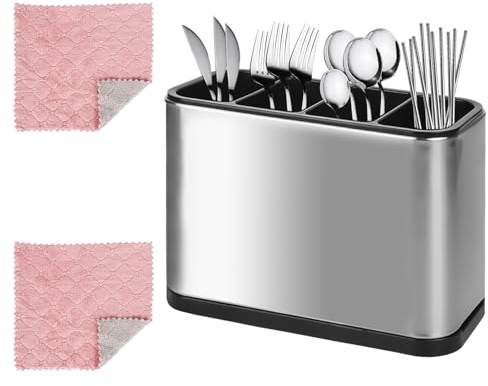 PYserne Porte-couverts à 4 compartiments avec 2 chiffons de nettoyage pour cuisine, bac d'égouttement en acier inoxydable pour baguettes, couteaux, fourchettes et cuillères