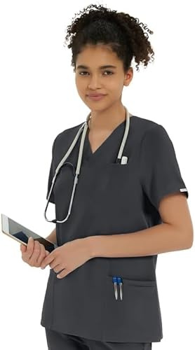 Kitmaz Medical Scrub Tops for Women - Soft Stretch V-Neck Classic Fit Scrub Shirts with 5 Pockets(Dark Grey,M)
