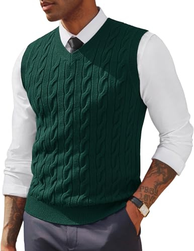 PJ PAUL JONES Men's Sweater Vests V Neck Cable Twist Knit Sleeveless Vests Casual Pullover Sweater, Dark Green, Medium