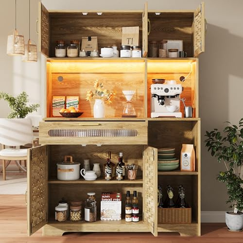 Lcoho Armadio alto per soggiorno (120 x 40 x 180 cm), armadio da cucina, sala da pranzo con cassetti, ante in tessuto MDF, armadi con illuminazione a LED, vetrina per cucina, soggiorno, sala da pranzo