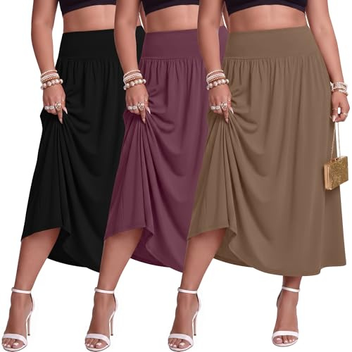 Ficerd Pack de 3 Faldas Largas Maxi Tallas Grandes para Mujeres Curvas Corte en A Cintura Alta Faldas de Verano con Bolsillos