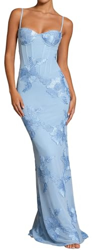 Abito da sera da donna, lungo, per ospite nuziale, abito da festa, abito avvolgente, con spalline sottili, elegante, per feste, balli, in pizzo floreale, jacquard, per damigella d'onore, O blu., S