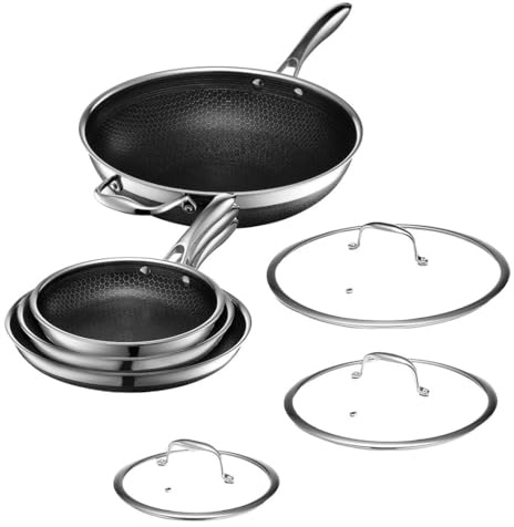HexClad Hybrid Nonstick 7-Piece Pan Set, 20, 25, and 30 cm Frying Pans with Tempered Glass Lids and 30 cm Wok, Stay-Cool Handles, Dishwasher-Friendly, Induction Ready, Compatible with All Cooktops