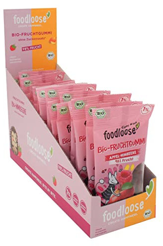 foodloose Bio-Fruchtgummi Apfel-Himbeere | Vegane Bio-Gummibärchen ohne raffinierten Zucker aus 98% Frucht | Vorteilspack (20 Tüten x 30g)