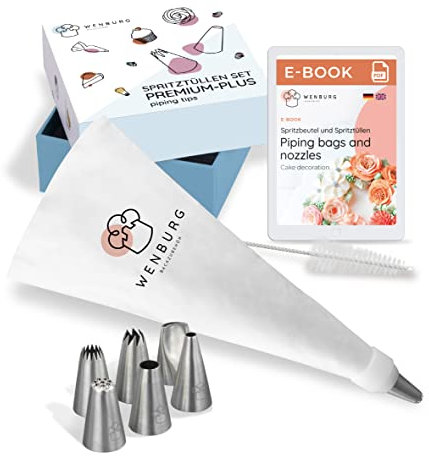Wenburg Sacca a Poche per Dolci - 7 Ugelli per Tubazioni - Sac a Poche in Cotone da 40 cm - Bocchette Professionali in Acciaio Inox per la Decorazione di Torte, Cupcake e Biscotti (Set Premium Plus)