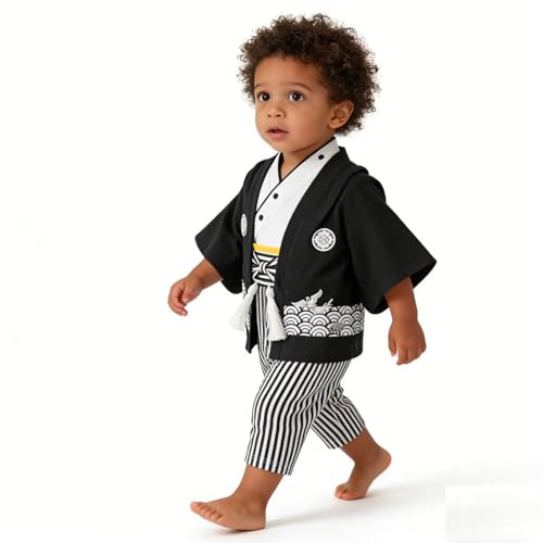 SZCQ Baby Boy Kimono Romper Suit Japanese Costumes Infant Cotton Samurai Outfits Black+White M(12-18M)