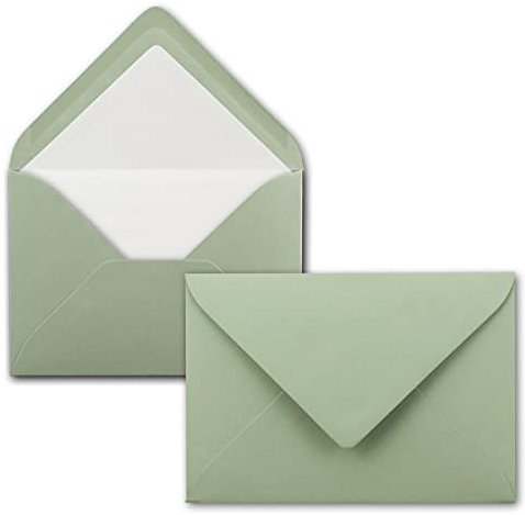 50 Briefumschläge in Eukalyptus (Grün) mit weißem Innenfutter - Kuverts in DIN B6 Format - 12,5 x 17,6 cm - Seidenfutter - Nassklebung