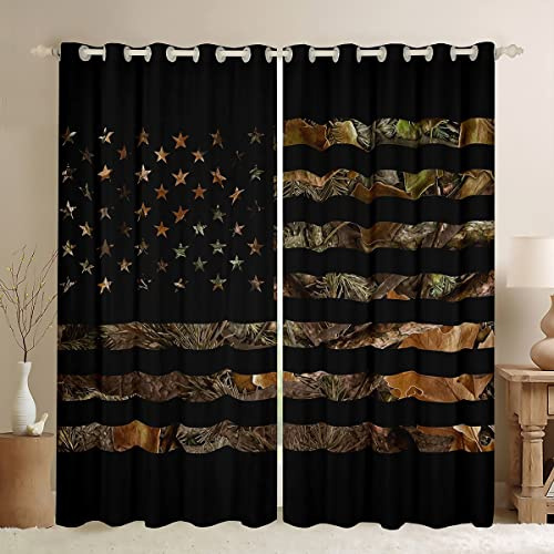 American Flag Camo Window Curtains 42Wx90L,Hunting Military Curtains Rustic Trees Leaves Camouflage Window Drapes For Bedroom Living Room Nature Conifer Oak Branches Window Treatments 2 Panel Set
