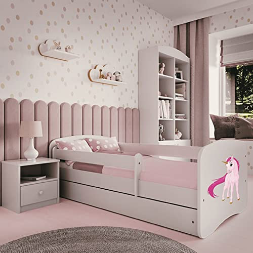 Kids Collective Kinderbett 80x180 cm mit Matratze, Rausfallschutz, Lattenrost & Schublade in weiß 80x180 Mädchen Bett rosa Einhorn | von 3. bis 12. Lebensjahr