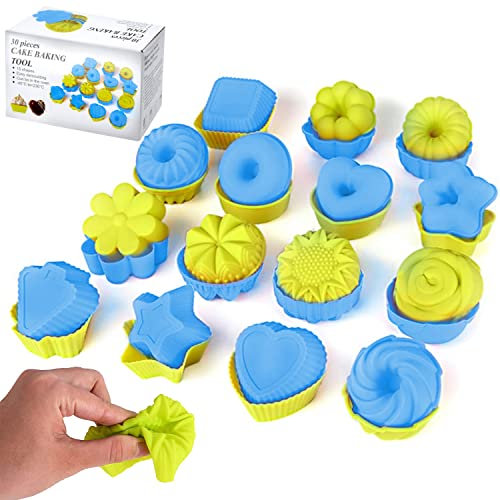 30PCS Silicone Muffin Cupcake Moulds Reusable Non Stick Baking Cases Food Grade Cake Molds Air Fryer Liners Assorted Shapes Blue Green Bakeware Oven Microwave Dishwasher Safe