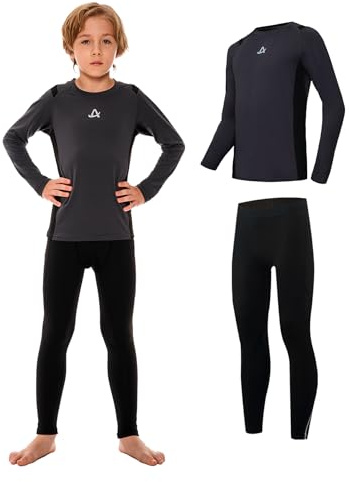 AMZSPORT Biancheria Intima Termica per Bambini, Set Intimo a Manica Lunga per Ragazzi, Comfort e Traspirabilità per Lo Sci, Il Calcio e Gli Sport Invernali, Grigio XXL