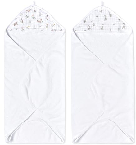 aden + anais Essentials Hooded Baby Bath Towel, Super Soft 100% Cotton, 2 Pack, Country Floral