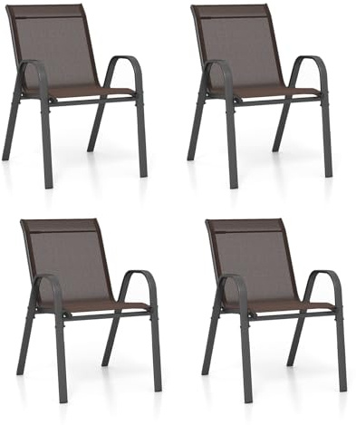 KOMFOTTEU Set med 2/4 trädgårdsstolar, stapelstol utomhus terräng i tyg med metallram, matstol med armstöd och högt ryggstöd, belastning 150 kg, 56 x 70 x 84 cm (4, brun)