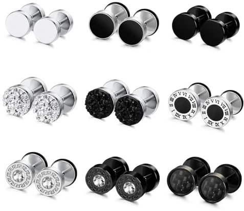 Uwiyo 6-10 Paar Schwarz Silber Ohrstecker für Herren Männer, Edelstahl Hypoallergen Flach Ohrringe Kreis Ohrstecker Fake Plug Tunnel Piercing Hantel Ohr Piercing für Männer Frauen (Mix-9 Paare)