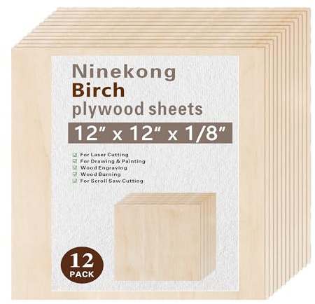 12 Pack Birch Plywood Sheets 1/8,12x12x1/8 inch Plywood Sheets,3mm Birch for Laser Cutting,Laser Engraving Blanks,Drawing & Painting,Thin Natural Unfinished Wood for Crafts,Scroll Saw Cutting