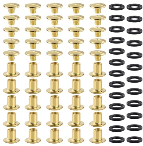 YIXISI 25 Set M5x6mm Chicago Binding Screws Assorted Kit, Kit Bindande Skruvstolpar, Lädernitsats, för Gör-Det-Själv-Läderdekoration Bokbindning, Gyllene