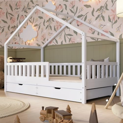 Crazy Pine Hausbett mit Schubladen 140x200 cm – Kinderbett aus Naturholz in Weiß mit Rausfallschutz – Montessori Bodenbett mit zusätzlichen Stauraum und und Abnehmbarer Barriere - Crazy House