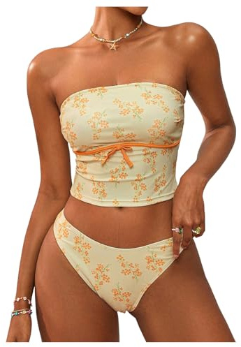 Milumia Women's 2 Piece Bandeau Bikini Set Summer Floral Strapless Tankini Swimsuits Yellow Small