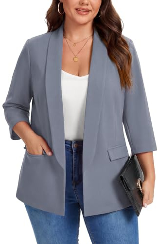MINTLIMIT XL-5XL Women Plus Size Blazers 3/4 Sleeve Suits Shawl Lapel Blazers Half Lined Flap Pockets Ladies Womens Jersey Jackets (Grey 3XL)