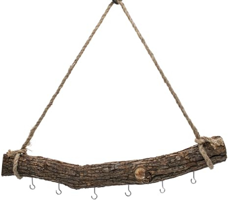 Ramo in legno massiccio da appendere con 6 ganci per decorare – 56 cm – Asta in legno massiccio – Decorazione da parete con corda naturale – Ramo decorativo da parete – Appendiramo decorativo – Ramo
