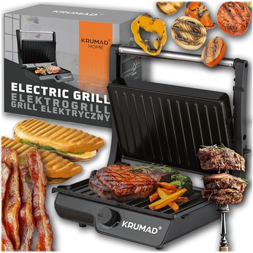 KRUMAD Kontaktgrill, Sandwich Maker, Elektro Grill Mini, Plattengriller | 2000W, 2-Slice, Ideal für Sandwiches, Paninis, 20-240V / 50/60Hz, Kompakte Größe, Einfacher Betrieb, Antihaftbeschichtung