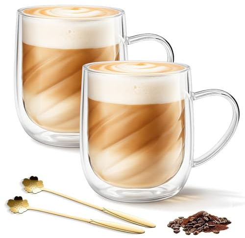 Jinfanshurich Set di 2 bicchieri da latte macchiato, 350 ml, a doppia parete, in vetro borosilicato con manico e cucchiaio, per cappuccino, tè, espresso, latte e bevande calde (2 pezzi)