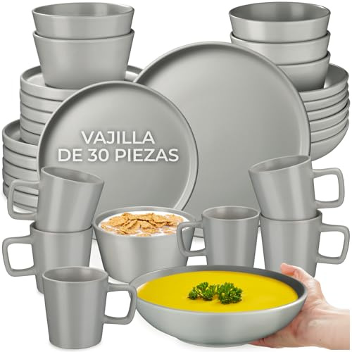 tectake® Servicio Combinado para 6 Personas, Juego Vajilla Estilo Urbano, Gres Esmalte, Lavavajillas y Microondas, Vajillas Completas Modernas, Cuencos Ceramica y Tazas - 30 Piezas Gris