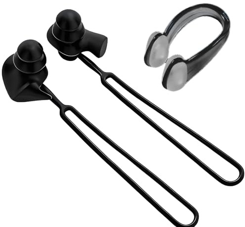 1 Par Tapones Para Los Oídos De Natación, Diseño En Espiral Con Cordón, Pinza Nasal Incluida, Silicona Impermeable Reutilizable, Para Ducha, Surf Y Buceo, Negro