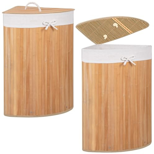 SPRINGOS Cesto angolare per la biancheria, con coperchio, 73 litri, in bambù, salvaspazio, ideale per il bagno e anche come forziere per i giocattoli (naturale, 73 L)
