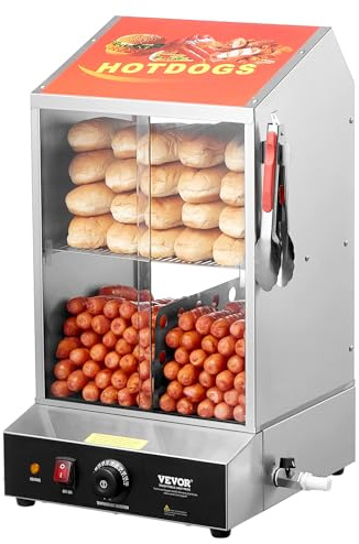 VEVOR Macchine per Hot Dog a Vapore 37L da 2 Ripiani, Controllo Temperatura 30℃~85℃, Macchina Scalda Panini Elettrico con Porte Scorrevoli in Vetro Temperato Piastra Divisoria per Hot Dog Panini