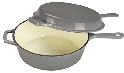 Echtwerk Schmortopf und Grillpfanne 2-in-1 Set, Gusseisen Bräter mit Deckel, Gusseisentopf mit Emaille-Beschichtung, Für Backöfen, Grill, BBQ und Induktion geeignet, Grau, 2,5 L